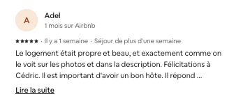 Avis voyageur Airbnb 5 étoiles